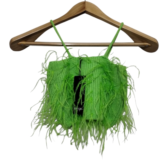 Nasty Gal Women's S Faux Ostrich Feather Knitted Cami Top Lime - Picture 1 of 2